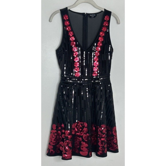 BEBE Black Red SEQUIN Sleeveless Fit And Flare FLARED DRESS Sz XS - Picture 2 of 6